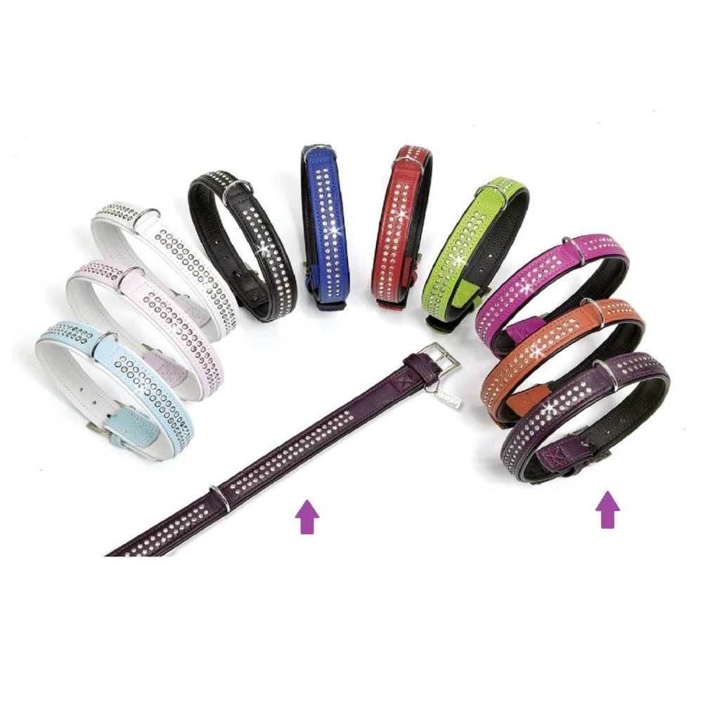 KARLIE Lederhalsband VINTAGE STRASS Violett 45cm Schwarz Unterlegt FĂŒr Hunde